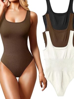 Women's Bodysuits Sexy Ribbed Square Neck Sleeveless Tank Tops Bodysuits