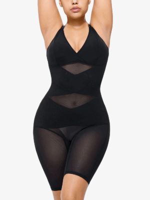 V Neck Comfortable Breathable Mesh Invisible Crossover Double-Layer Waist Cincher Cut-Out Butt Strong Tummy Control Bodysuit