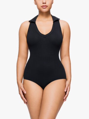 V Neck Plunging Lapel Sleeveless Shapwaer Bodysuit