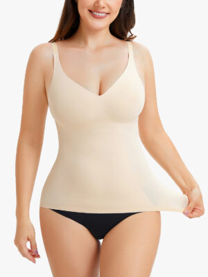 Deep V Shapewear Cami with Built In Bra Thin Strap Tummy Tuck Tank Top