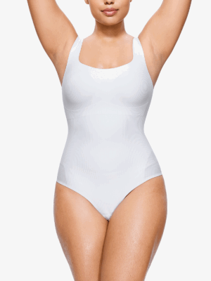Comfortable Ribbed Tummy Control Bodysuits With Square Neck Sleeveless Design
