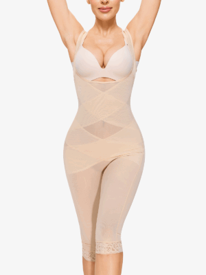 Breathable Invisible Mesh Double Tummy Control Lifting Butt Lifting Body Shaper Open Bust Mid Thigh