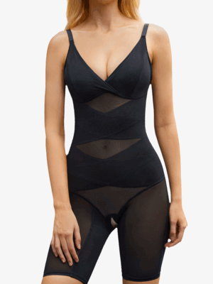 2 Pieces V Neck Sleeveless Mesh Bodysuit Tummy Control Full Body Shapewear
