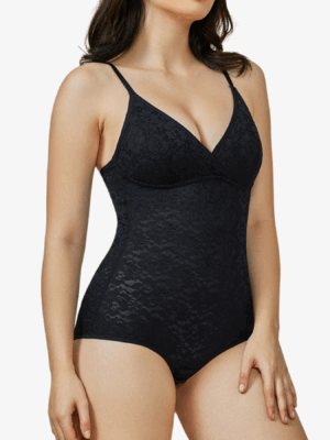 2 Pieces Sexy Lace V-Neck Bodysuit Spaghetti Strap Tummy Control Shapewear Brief