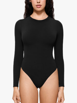 Seamless Crotch Opening Crew Neck Long Sleeve Thong Bodysuit