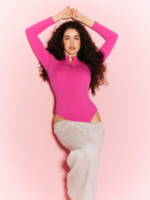 Ribbed Zipper Crotch Opening High Neck Long Sleeve Thong Bodysuits