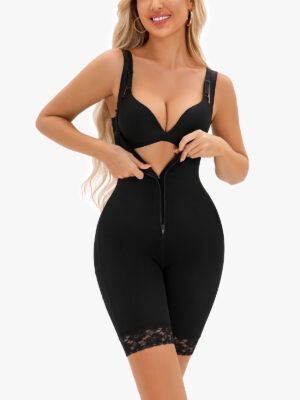 Front Zipper Crotch Opening Open Bust Mid Thigh Bodysuit