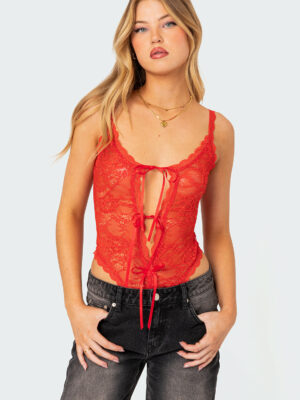Maribelle Tie Front Sheer Lace Bodysuit