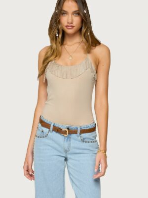 Colbie Faux Suede Fringe Trim Bodysuit
