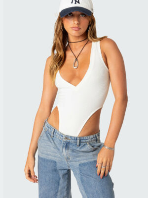 High Cut Ribbed V Neck Bodysuit