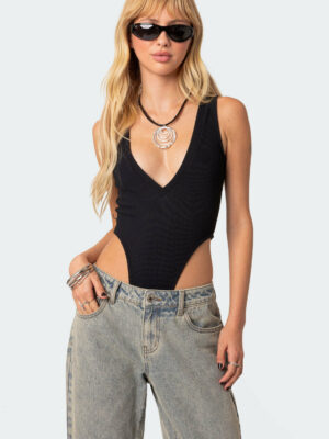 High Cut Ribbed V Neck Bodysuit