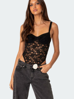 Lace & Satin Effect Cupped Bodysuit