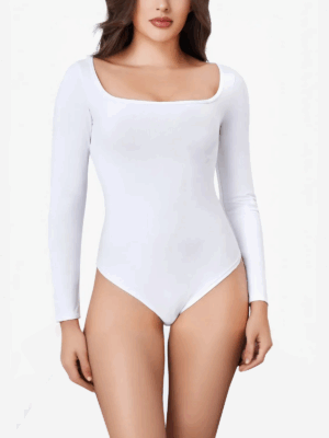 Elastic Square Neck Long Sleeve Bodysuit with Snap Button