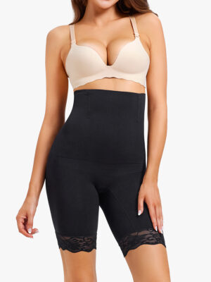 High-Waisted Above The Knee Shapewear Short Lace Trim Panty Girdle