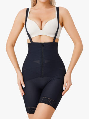 Front Zipper Tummy Control Lace Hem Thigh Slimmers