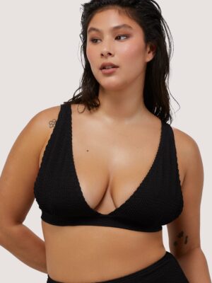 Black Textured Non Wired Plunge Bikini Top Fuller Bust Exclusive