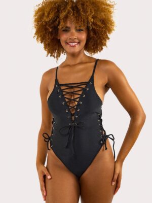 Eden Eden Fuller Bust Black Plunge Lace-Up Swimsuit