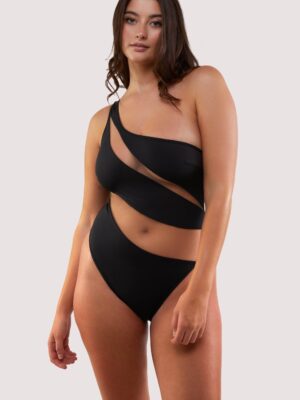 Eloise Fuller Bust Black Asymmetric Swimsuit with Nude Mesh Inserts