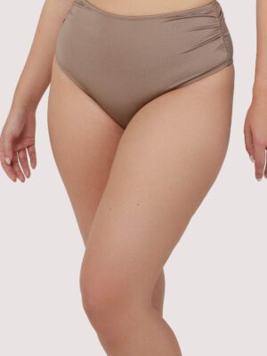 Jade Taupe Neutral High Waist High Leg Ruched Bikini Bottom